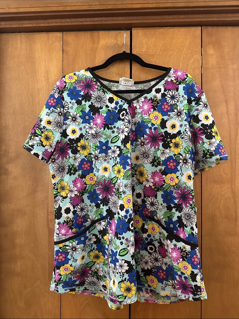 Scrubstar Floral Scrub Top in Black, Pink, Blue, Yellow & Green